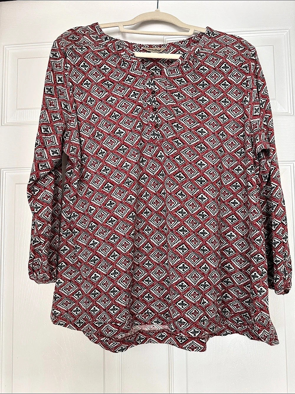 Lucky Brand Geo Print Tunic Blouse Red & White